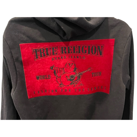 True Religion Graphic Logo Black Red Hoodie Size Medium Casual Full Zip Jacket - Picture 6 of 11
